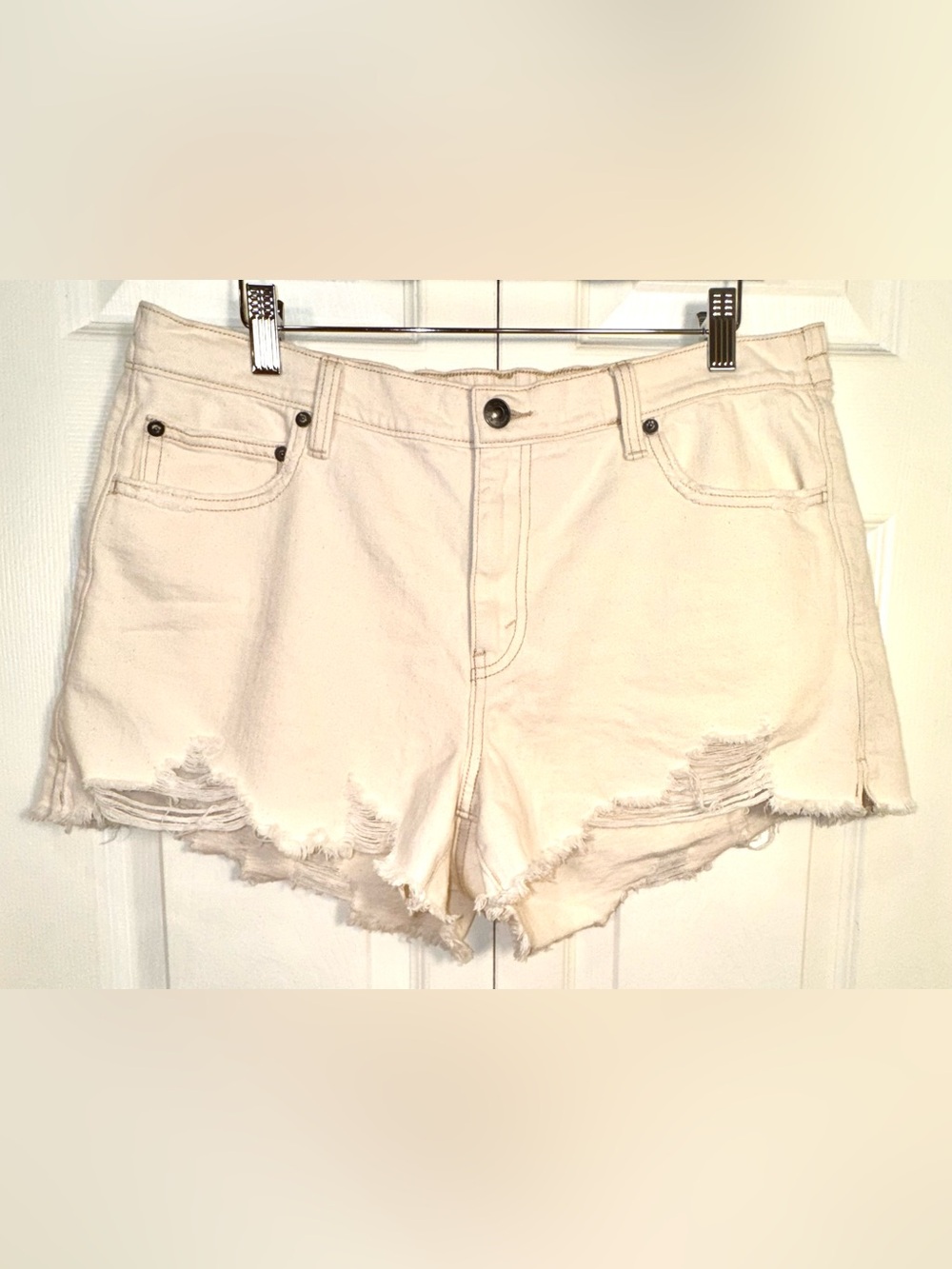 aerie High Waist Distressed Denim Shorts in Cream